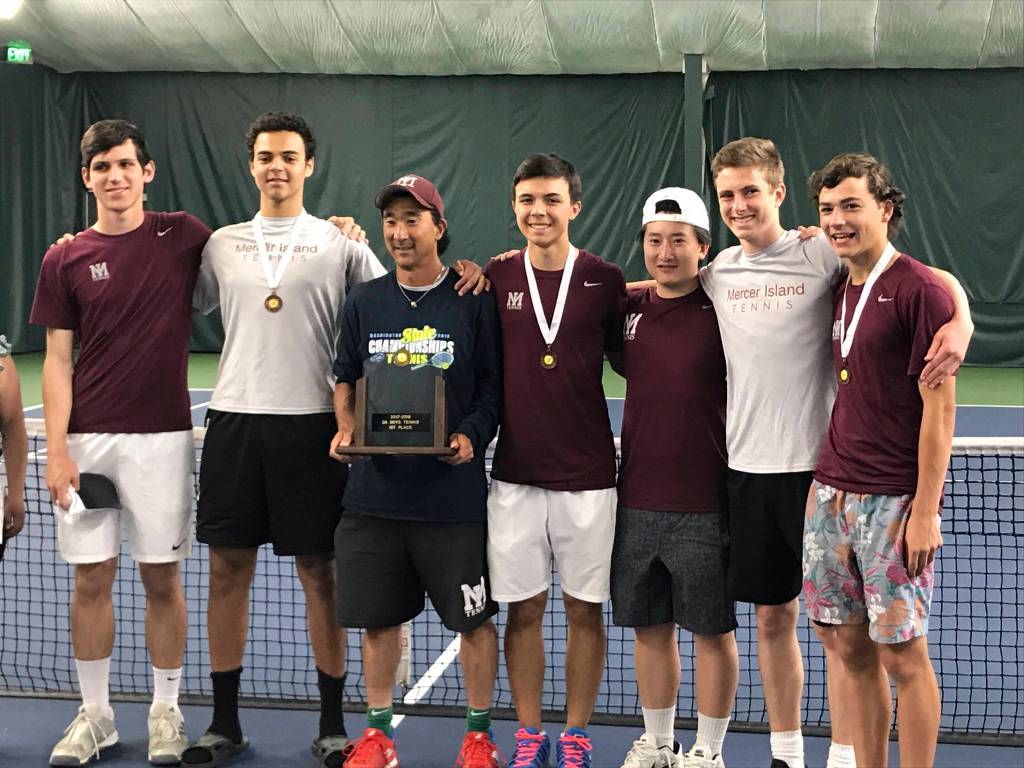 The Mercer Island Islanders boys tennis team compiled 25 team points, earning the Class 3A state championship on May 26. Lakeside finished in second place with 17 team points. In the Class 3A singles tournament, Islanders player Christian Anderson captured third place and teammate Chris Elliot finished in fourth place. The Islanders doubles squad of Kevin Chen/Jack Mattox registered a fourth place in the Class 3A doubles tournament.                                Photo courtesy of Steve Mattox