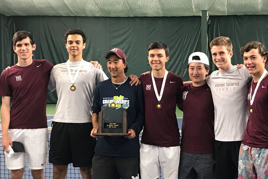 The Mercer Island Islanders boys tennis team compiled 25 team points, earning the Class 3A state championship on May 26. Lakeside finished in second place with 17 team points. In the Class 3A singles tournament, Islanders player Christian Anderson captured third place and teammate Chris Elliot finished in fourth place. The Islanders doubles squad of Kevin Chen/Jack Mattox registered a fourth place in the Class 3A doubles tournament.                                Photo courtesy of Steve Mattox