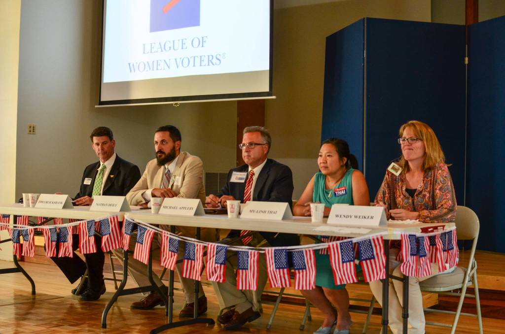 From left to right: Republican Tim Cruickshank, Libertarian Nathan Deily, Republican Michael Appleby, Democrat My-Linh Thai, and Democrat Wendy Weiker. Photo by Josh Kelety.