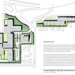 A site plan drawing shows how the Stroum Jewish Community Center, Herzl-Ner Tamid and the French American School would be reoriented and rebuilt under a master plan proposed by the three groups. They are also requesting a Comprehensive Plan amendment. Contributed image