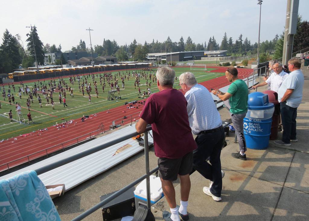 Members of the MIHS Class of 1968 observe a marching band practice on Aug. 24. Photo courtesy of Clay Eals