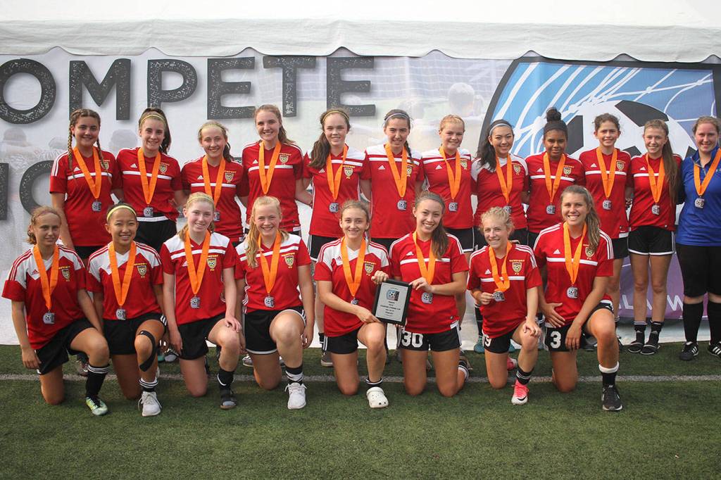 The Newport U18-U19 girls select soccer team captured second place at the Starfire Extreme Cup on Aug. 19 in Tukwila. The Newport squad lost 6-5 in penalty kicks to Kent United in the title game. Mercer Island athletes on the roster pictured consisted of Isabella Mancusco, MaKena French, Lucy Cleator, Lilly Pruchno, Caitlin Liang and Haley Selman. Photo courtesy of Dana Pruchno