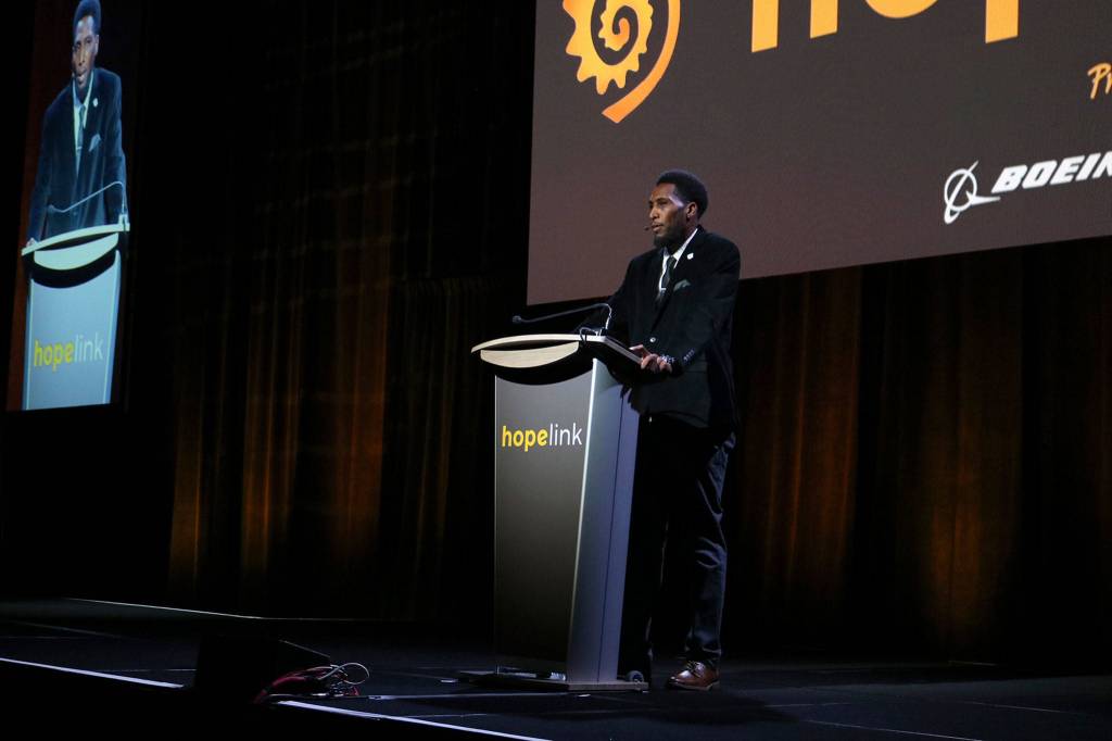Ronald George, a Hopelink client who now supervises the organizations food bank in Kirkland, speaks at Hopelinks Reaching Out luncheon on Oct. 15. Katie Metzger/staff photo