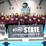 The Mercer Island Islanders girls swim team earned a fifth-place finish at the Class 3A state swim meet on Nov. 10 at the King County Aquatic Center in Federal Way.                                The 200 IM relay team consisting of Alexandra Williams, Grace Olsen, Cayla Prophater and Elie Bailey captured fifth place. The 200 free relay squad of Annie Pearse, Julia Williamson, Hailey Vandenbosch and Bailey finished in sixth place. The 400 free relay quartet of Pearse, Prophater, Vandenbosch and Williamson captured sixth place as well. Prophater earned fourth place in the 200 IM and third place in the 500 free. Sophia McGuffin registered a third-place finish in diving and Pearse finished in fifth place in the 100 free. Photo courtesy of Allison Nelson