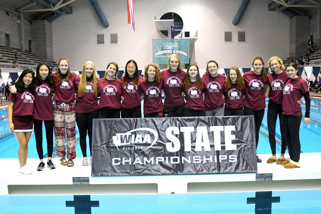 The Mercer Island Islanders girls swim team earned a fifth-place finish at the Class 3A state swim meet on Nov. 10 at the King County Aquatic Center in Federal Way.                                The 200 IM relay team consisting of Alexandra Williams, Grace Olsen, Cayla Prophater and Elie Bailey captured fifth place. The 200 free relay squad of Annie Pearse, Julia Williamson, Hailey Vandenbosch and Bailey finished in sixth place. The 400 free relay quartet of Pearse, Prophater, Vandenbosch and Williamson captured sixth place as well. Prophater earned fourth place in the 200 IM and third place in the 500 free. Sophia McGuffin registered a third-place finish in diving and Pearse finished in fifth place in the 100 free. Photo courtesy of Allison Nelson