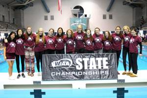 The Mercer Island Islanders girls swim team earned a fifth-place finish at the Class 3A state swim meet on Nov. 10 at the King County Aquatic Center in Federal Way.                                The 200 IM relay team consisting of Alexandra Williams, Grace Olsen, Cayla Prophater and Elie Bailey captured fifth place. The 200 free relay squad of Annie Pearse, Julia Williamson, Hailey Vandenbosch and Bailey finished in sixth place. The 400 free relay quartet of Pearse, Prophater, Vandenbosch and Williamson captured sixth place as well. Prophater earned fourth place in the 200 IM and third place in the 500 free. Sophia McGuffin registered a third-place finish in diving and Pearse finished in fifth place in the 100 free. Photo courtesy of Allison Nelson