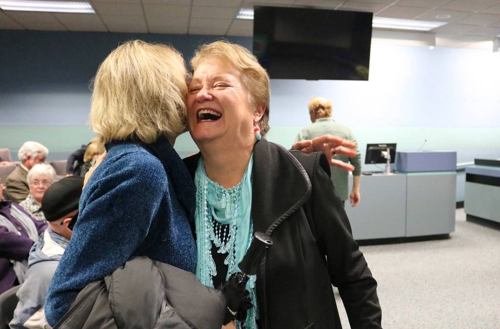 Judy Clibborn hugs a friend after being honored by the city of Mercer Island for her decades of public service. Katie Metzger/staff photo