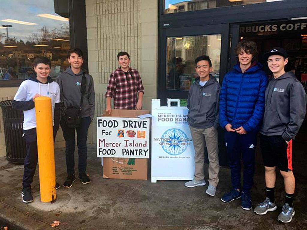 The Mercer Island chapter of NYLM collected a total of 6,840 items for YFS. From left: Gabe Gottesman (MIHS freshman), Augie Byers (MIHS sophomore), Halen Otte (MIHS freshman), Ian Phan (MIHS sophomore), Harry Brown (MIHS sophomore) and Conner Blumenthal (MIHS sophomore). Photo courtesy of Daniel Hankes