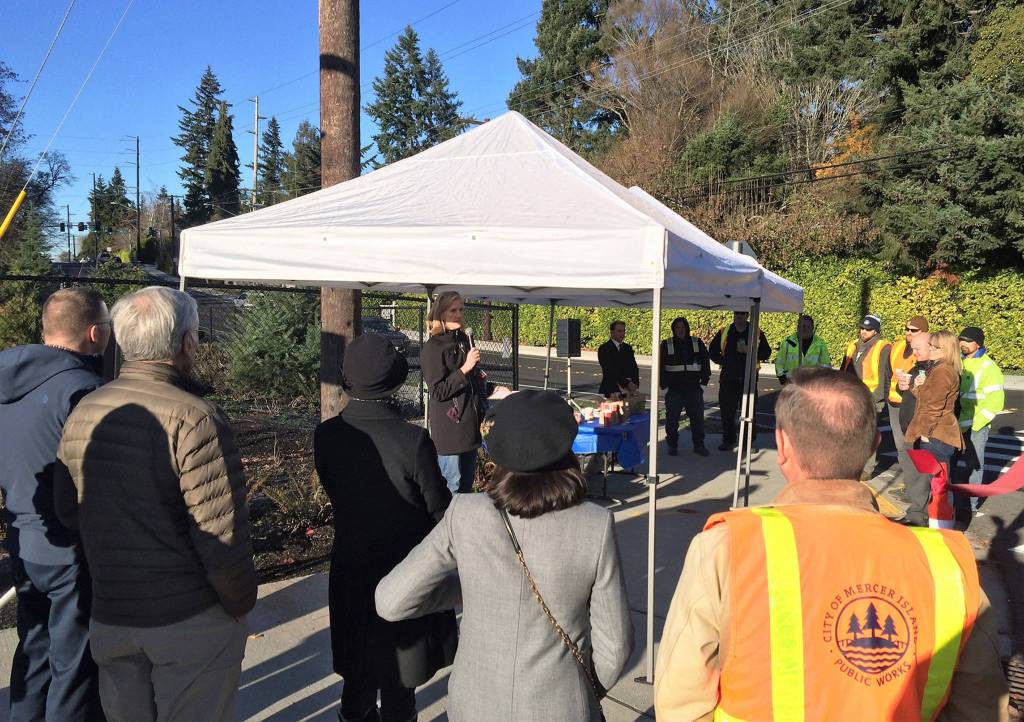 Mayor Debbie Bertlin celebrates the opening of a new Safe Route to School on Mercer Island on Dec. 6. Photo via Facebook