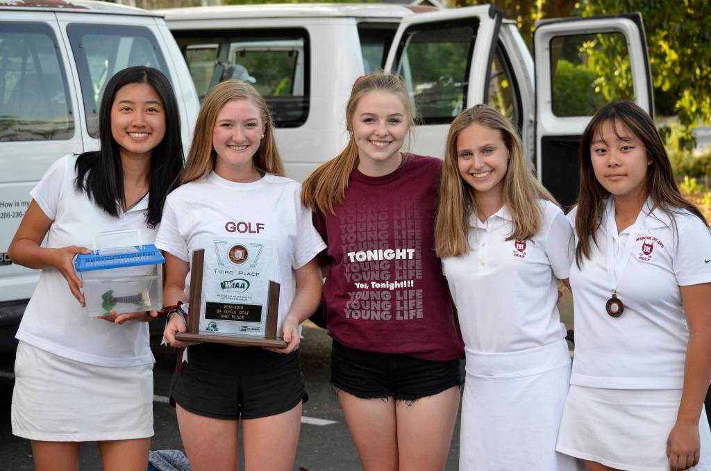 The Mercer Island Islanders girls golf squad finished in third place at the Class 3A state tournament on May 23 at Indian Canyon Golf Course in Spokane. The Islanders, who finished with a total of 70.5 team points, finished 21 points behind first-place Bellevue. Mercer Island golfer Gihoe Seo captured third place individually with a total of 151 strokes at the two-day tournament. Photo courtesy of Billy Pruchno