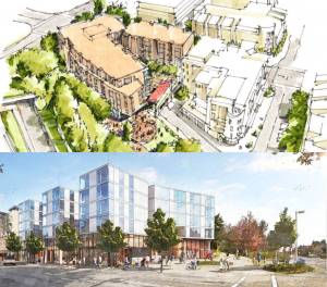 The concepts from Mainstreet Property Group LLC (top) and Shelter Holding/Weinstein A+U were selected as finalists in an RFQ process for a commuter parking and mixed-use project in Mercer Islands Town Center. Courtesy photos