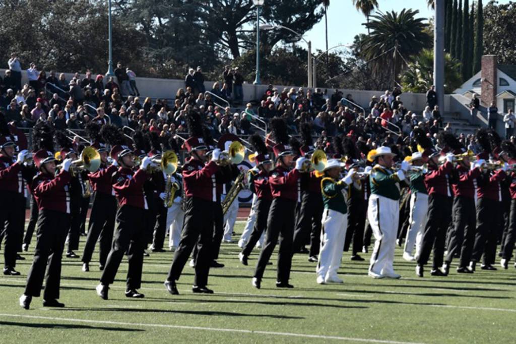 Joint performance at Bandfest with the Puerto Rico band Banda Escolar de Guayanilla at the Tournament of Roses Bandfest on Dec. 30, 2018. Photo courtesy of Joseph Chen
