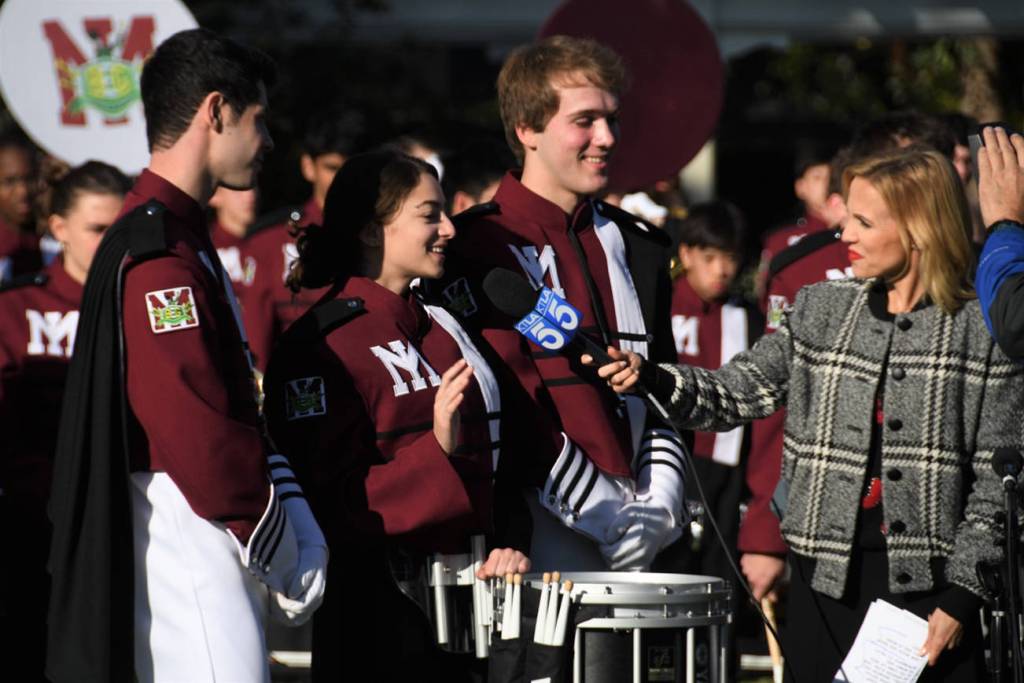 From left, Spencer Klein, Kayla Mitchell and Brandon Hill are interviewed by KTLA about the bands partnership with Banda Escolar de Guayanilla. MIHS raised more than $50,000 to support the Puerto Rico bands trip to Pasadena after their island was devastated by Hurricane Maria. Photo courtesy of Joseph Chen