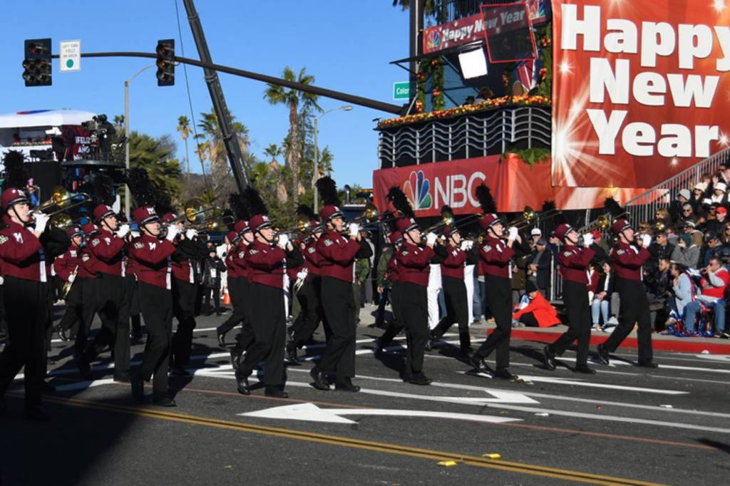 Trombone section of the Mercer Island High School band marching in the Rose Parade on Jan. 1. Photo courtesy of Joseph Chen