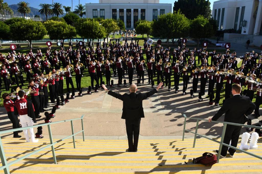 MIHS Marching Band warming up at the Tournament of Roses Bandfest on Dec. 30 at Pasadena City College in California. Photo courtesy of Joseph Chen
