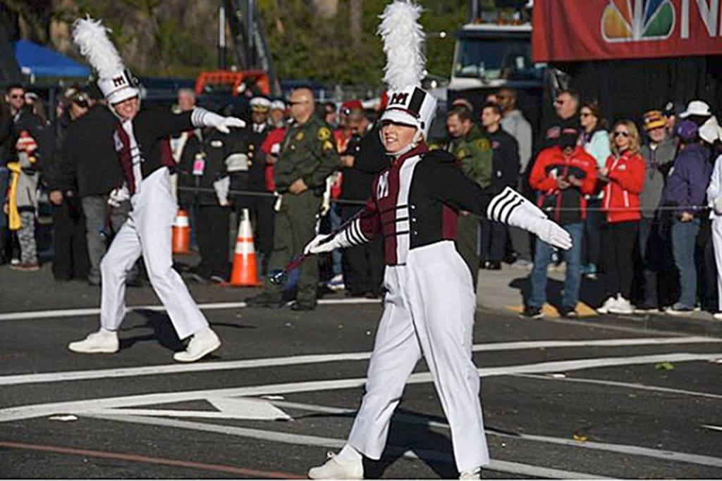 Jazzlyn Rowland, an MIHS senior drum major, marches in the Tournament of Roses parade. Photo courtesy of Unofficial_MIHSBand Instagram page.