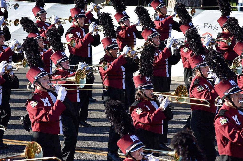 The Mercer Island High School marching band marches in the Tournament of Roses parade on New Years in Pasadena, Calif. Photo courtesy of Mercer Island School District Facebook page.