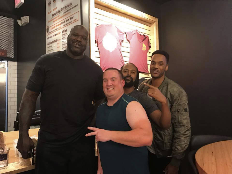 Sportswriter Shaun Scott and his friends Brian Walker and Tony Walker met NBA legend Shaquille ONeal at Big Chicken restaurant in Las Vegas, Nevada on Nov. 24. Courtesy photo