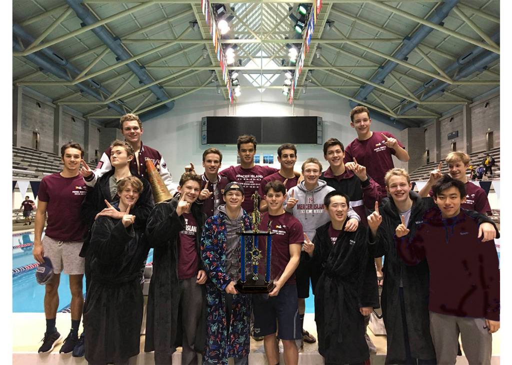The Mercer Island Islanders boys swim team earned first place at the Kentridge Invitational on Jan. 12. Islanders athletes capturing first place in their respective events consisted of Nate Robinson (50 free), Collin Ralston (200 IM) and James Richardson (100 back). Photo courtesy of Carol Gullstad