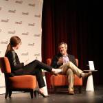 From left, KUOWs All Things Considered host Kim Malcolm interviews New York Times journalist Jonathan Weisman about the rise of bigotry in the United States. Samantha Pak/staff photo