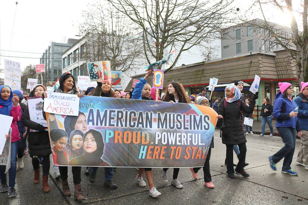 Eastside group Muslim Association of Puget Sound (MAPS) participated in the Womxns March for the third time on Jan. 19. Stephanie Quiroz/staff photo