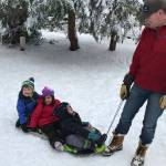All aboard and ready to roll  Front to back: Niko Hallman, 2, Leela Hallman, 4, and Logan Dais, 3, are pulled on a sled by Matt Hallman. Photo courtesy of Meg Lippert