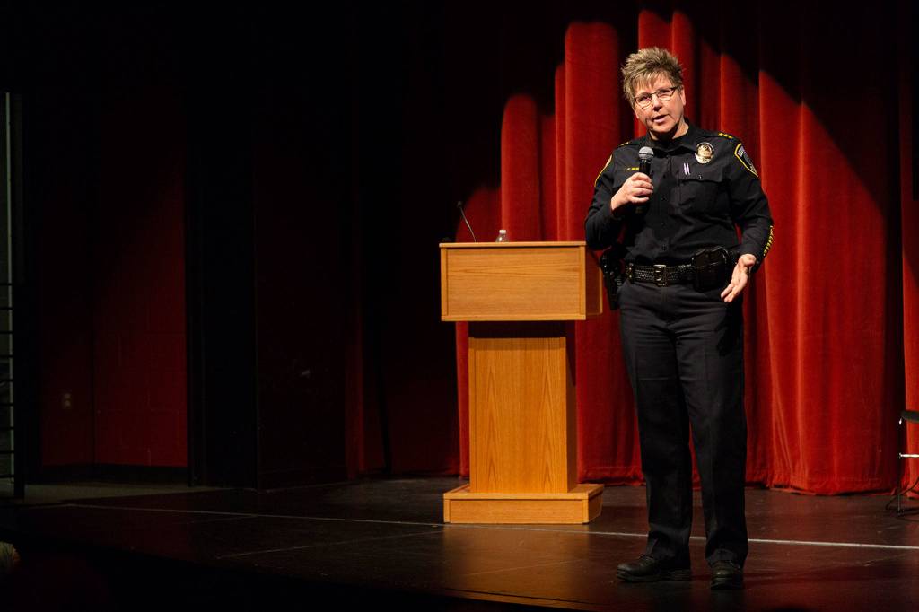 Redmond Police Chief Kristi Wilson talks to the crowd at the third annual Muslim and Immigrant Safety Forum in February 2019. Ashley Hiruko/staff photo