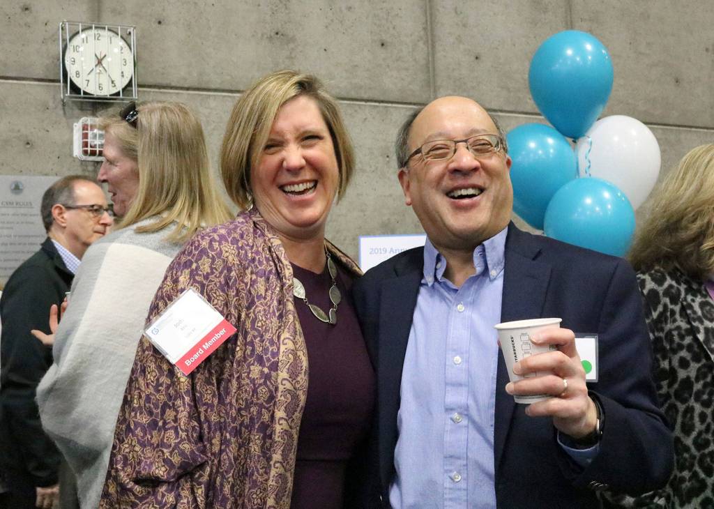 MIYFS Foundation President Jody Kris and Mercer Island City Councilmember Benson Wong smile at the 2019 Annual Breakfast. Katie Metzger/staff photo