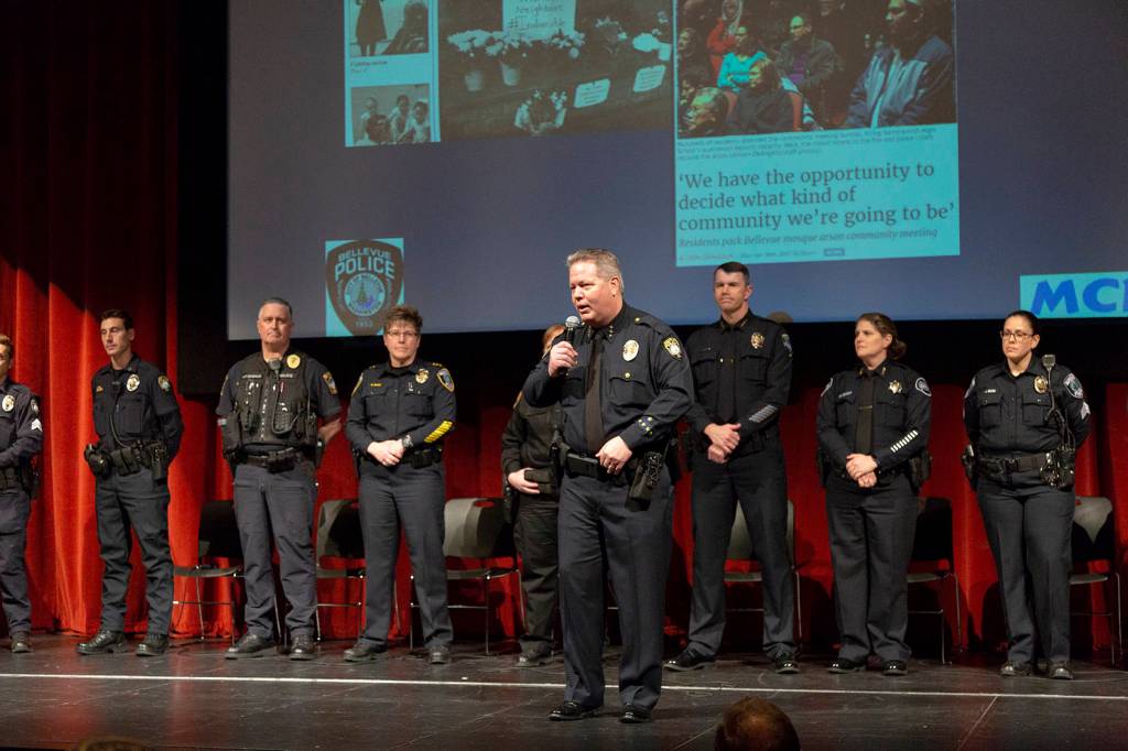 Bellevue Police Chief Steve Mylett speaks at the third Eastside Muslim Immigrant Safety Forum in February. Ashley Hiruko/staff photo
