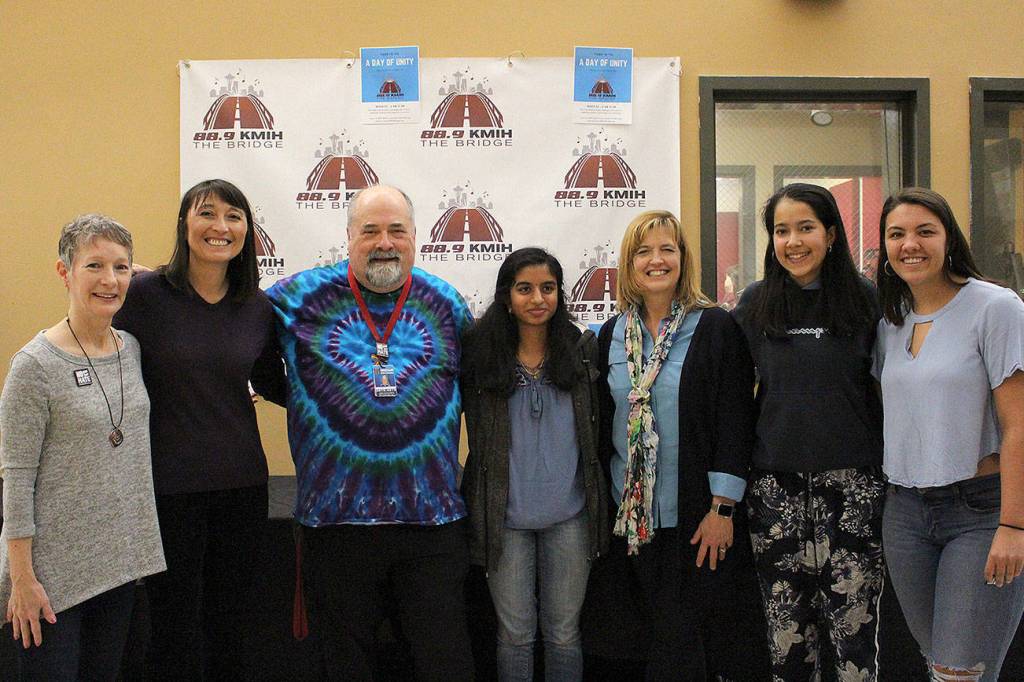 Madison Miller / staff photo                                 Mercer Island High School radio station, 88.9 KMIH The Bridge hosts Day of Unity is wake of recent anti-semitic incident. From left: ADL education director Hilary Bernstein, Mercer Island City Manager Julie Underwood, MIHS broadcast teacher and KMIH general manager Joe Bryant, student Meghana Kakubal, MISD superintendent Donna Colosky, student Lila Shroff and student Natalie Wilson.