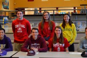 Mercer Island High School conducted a signing day ceremony for its collegiate bound student athletes on March 19 in the Mercer Island High School commons. Athletes moving on to compete at the collegiate level consist of Stew Vassau (lacrosse-University of Utah), Cole Miller (baseball-University of Washington), Natalie Wilson (softball-Loyola Marymount University), Lina Winiski (rowing-Washington State University), Alex Kaczor (soccer-Central College), Jordan Snyder (soccer-University of Oregon), James Richardson (swimming-Massachusetts Institute of Technology), Grace Fujinaga (lacrosse-University of Pennsylvania), Donnie Howard (lacrosse-Boston University), Ryan Payne (lacrosse-Illinois Wesleyan), Brandon Wong (tennis-University of Washington), Blake Robertson (soccer-University of Puget Sound), Matthew Capone (soccer-Northwest Nazarene), Maggie Baker (track-Brown University) and Teague Conder (baseball-Whitman College).                                Photo courtesy of Craig Degginger