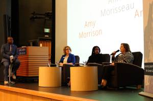 Madison Miller / staff photo                                James Whitfield, Leadership Eastside president and CEO, moderates The State of the Eastside and the American Dream with Dr. Amy Morrison, president of Lake Washington Institute of Technology, Anne Morisseau, planning commissioner for the city of Bellevue, residential real estate agent, LE board of directors, and Anne-Marie Diouf, VP human resources for Symetra.