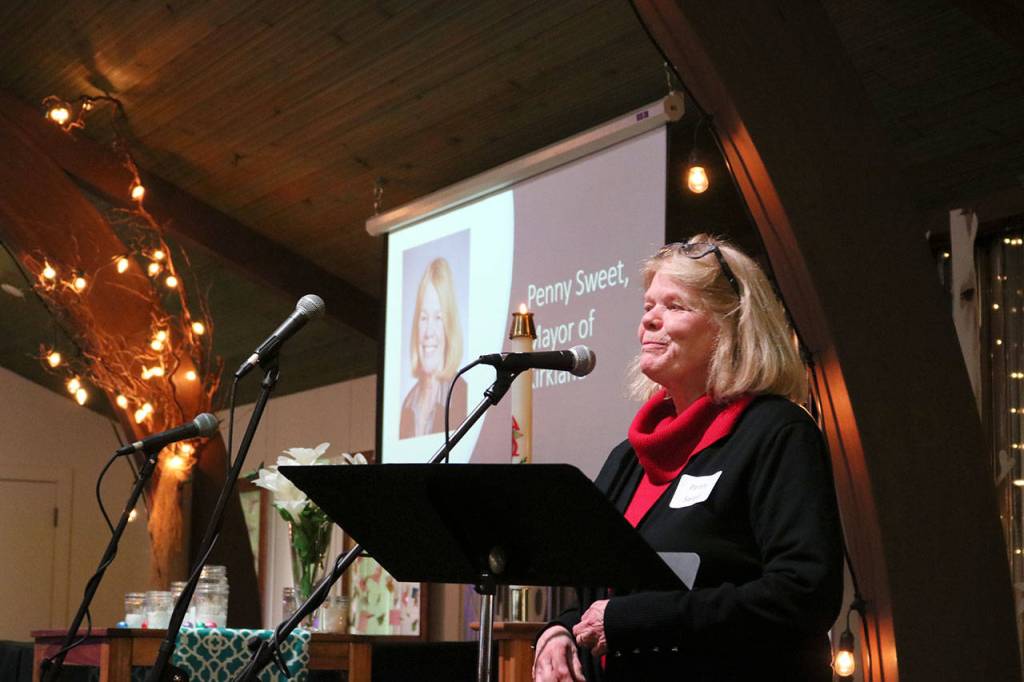 Kirkland Mayor Penny Sweet gives her remarks at the groundbreaking celebration for the Eastsides first permanent women and family shelter. The shelter is funded by community support, King County, Kirkland and Washington state. Kailan Manandic/staff photo