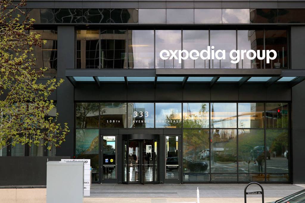 Kailan Manandic / staff photo                                Amazon recently announced it will move its Seattle-based worldwide operations team to Bellevue by 2023. The company plans to occupy an office tower, pictured here, currently occupied by Expedia, starting in 2020.