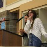 MIHS freshmen Ksenia Hunter and Lilly Jester thanked their teacher, Chantel Torrey, for everything shes done for them as a teacher and for the Empty Bowls fundraiser. Madison Miller / staff photo