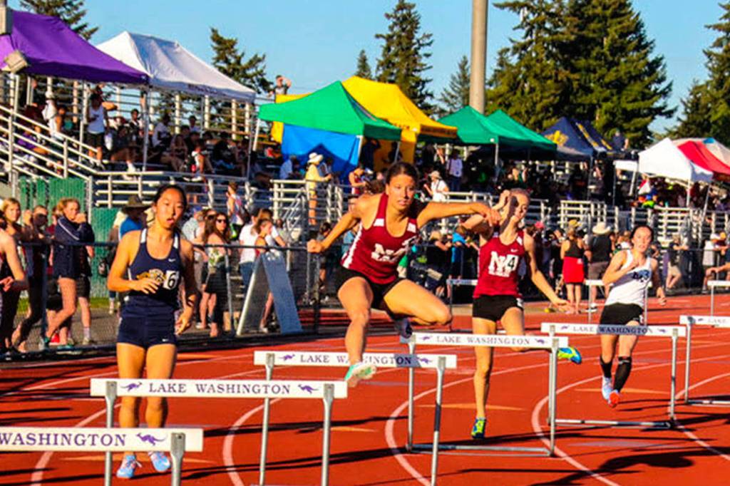 Mercer Island junior Maya Virdell (pictured) captured first place in the 300 hurdles at the 3A KingCo track meet at Lake Washington High School in Kirkland. Photo courtesy of Don Borin/Stop Action Photography