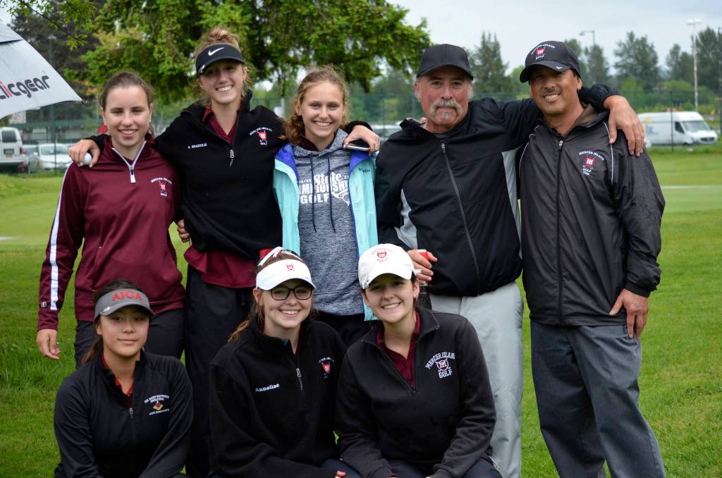 The Mercer Island Islanders girls golf team captured third place as a team at the 2019 3A Sea-King girls district golf tournament on May 13. The third place finish ensured the Islanders varsity golf team a berth at the Class 3A state tournament. Islanders golfers pictured in the above photo are Gihoe Seo, Annelise Rorem, Katelyn Travis, Yumi Baston, Grace Shaddle and Lilly Pruchno. Mercer Island coaches Don Papasedero and Tim Okamura are pictured on the right.