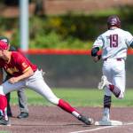 Mercer Island Islanders senior Grant Stading (No. 19) hustles down the first-base line after hitting a grounder against the Capital Cougars. Capital defeated Mercer Island, 7-1, in the first round of the 3A state playoffs. Photo courtesy of Patrick Krohn/Patrick Krohn Photography