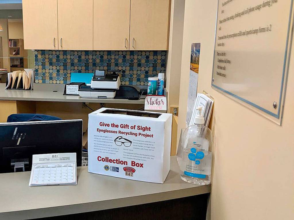 Collection boxes for the Northwest Lions Club Eyeglasses Recycling Center will be throughout the Island, including Mercer Island Pediatrics. Courtesy photo