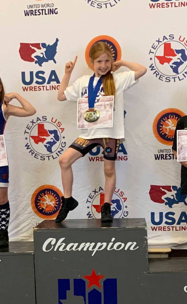 Arabella Chapman earned the top spot on the podium in the 55-pound weight class at the 2019 Womens National Championships and World Team trials. Photo courtesy of Connie Chapman