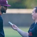 Sound Publishing sportswriter Shaun Scott, right, interviews Dominic Woody following a game against the Interlake Saints in April of 2019. Scott will be leaving Sound Publishing after 59 months on the job. Photo courtesy of Jim Nicholson