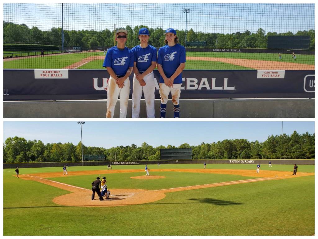 Top, from left to right, Edgar Nakamura, Austin Cupic and Max Clark. Bottom, in the field, theres Cupic at third base, Clark at shortstop and Nakamura at first base. Photos courtesy of Joe Gray
