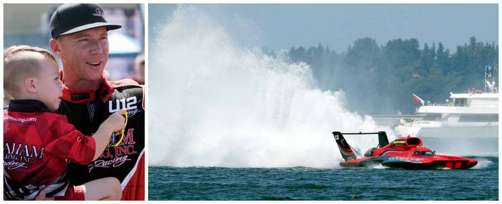 J. Michael Kelly, driver of the U-12 Graham Trucking winner at the 69th annual HomeStreet Bank Cup at Seafair. His boat is also pictured. Photos courtesy of Owen Blauman and Chris Denslow
