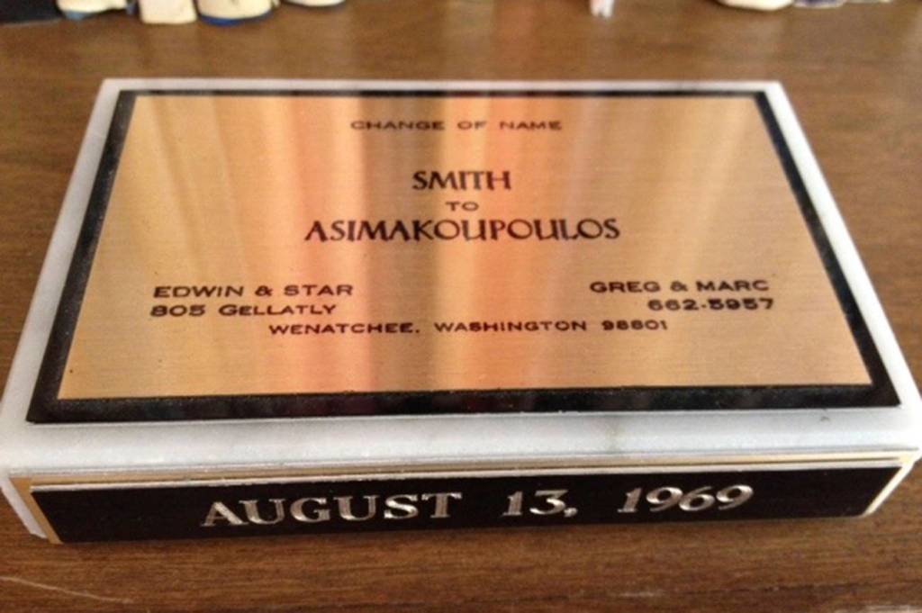 Photo courtesy of Greg Asimakoupoulos                                A plaque commemorating the date the Asimakoupoulos family changed its name.