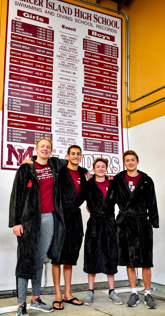 Members of the record-setting Mercer Island High 2018-2019 high school All-American 400 free relay: Left to right, Alex Edwards, Ethan Schwartz, Killian Riley and James Richardson. Photo courtesy of Scott Richardson