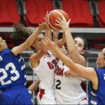 Angelina Barokas (white jersey on the right) pulls in a rebound at the 2019 European Maccabi Games in Hungary. Courtesy photo