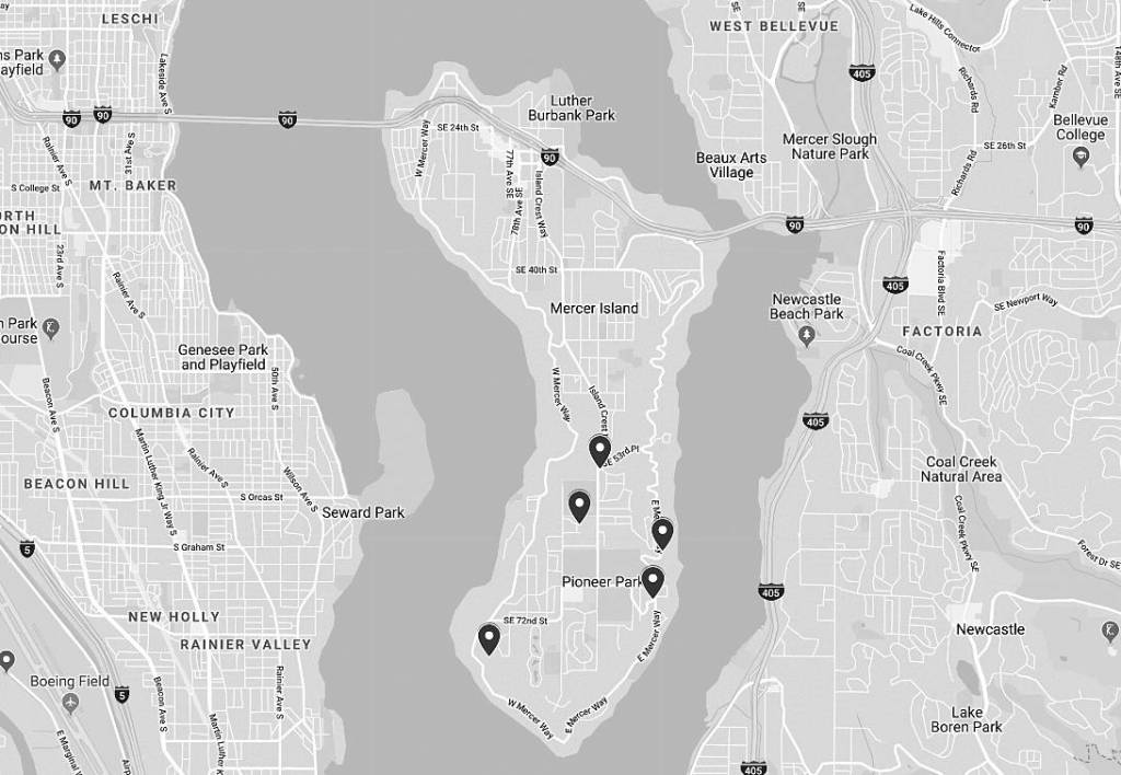 The map shows the location of one confirmed cougar sighting and four potential sightings, as reported during the Aug. 20 City Council meeting. Image by Google Maps