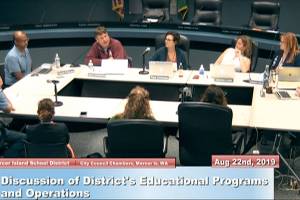 The Mercer Island school board invited the Island community to a linkage session at the last board meeting on Aug. 22. at city hall. From left: school board members David DSouza, Ralph Jorgenson, Tracy Drinkwater, Deborah Lurie, superintendent Donna Colosky and Brian Giannini Upton. Photo captured from MISD board docs video