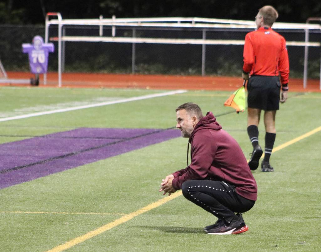 Mercer Island head coach James Valles watches from the sidelines as his team falls 6-0 to Issaquah on Sept. 19. Benjamin Olson/ staff photo