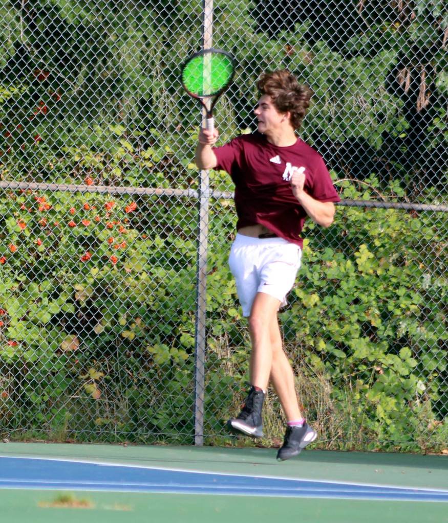 Mercer Islands Jack Mattox, one of the team captains, during a singles match against Interlake on Sept. 26. Benjamin Olson/ staff photo